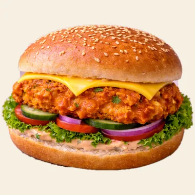 Butter Chicken Burger mit Salat und Tomate